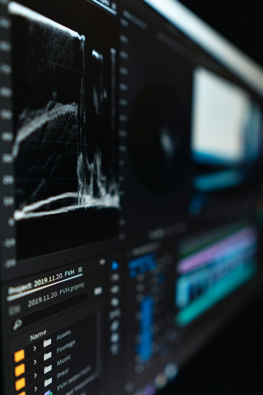 Color grading monitor displaying waveform and vectorscope panels